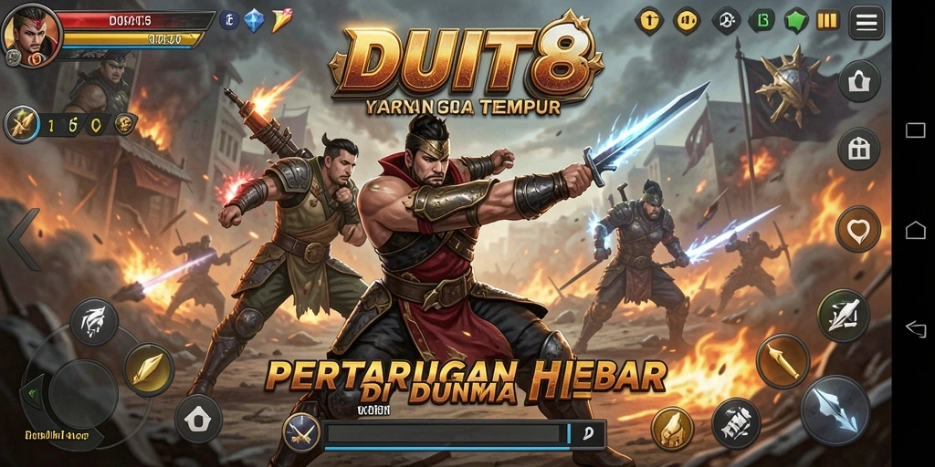 Screenshot permainan DUIT8 menampilkan pertarungan seru antar karakter.