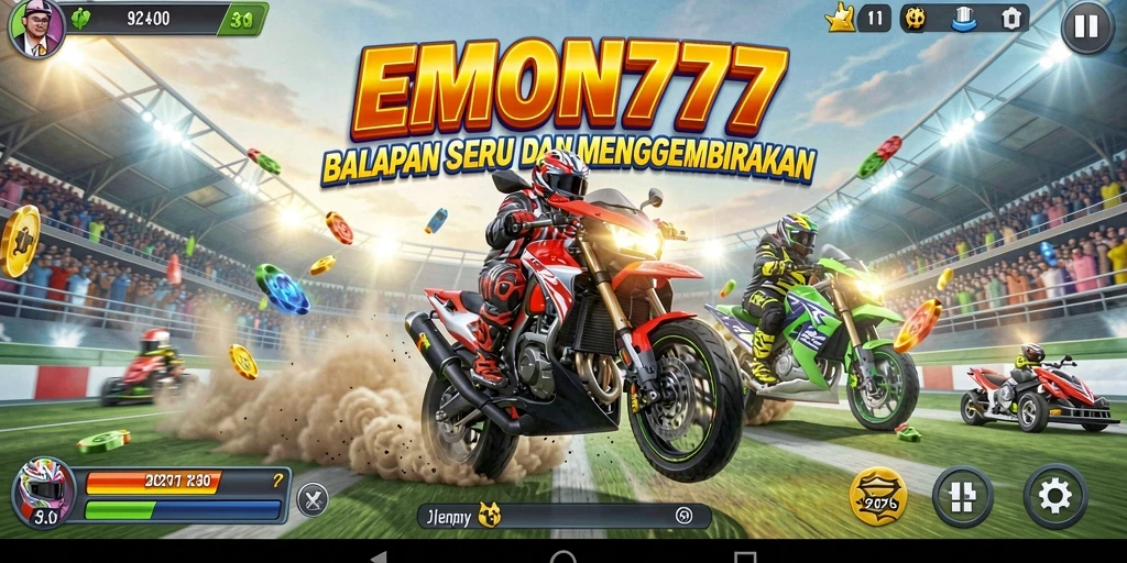 Screenshot gameplay EMON777 menampilkan balapan menegangkan di lintasan.