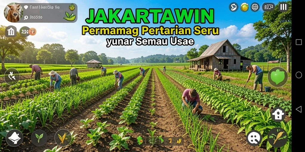 Tampilan utama game JAKARTAWIN dengan aktivitas pertanian yang menyenangkan.